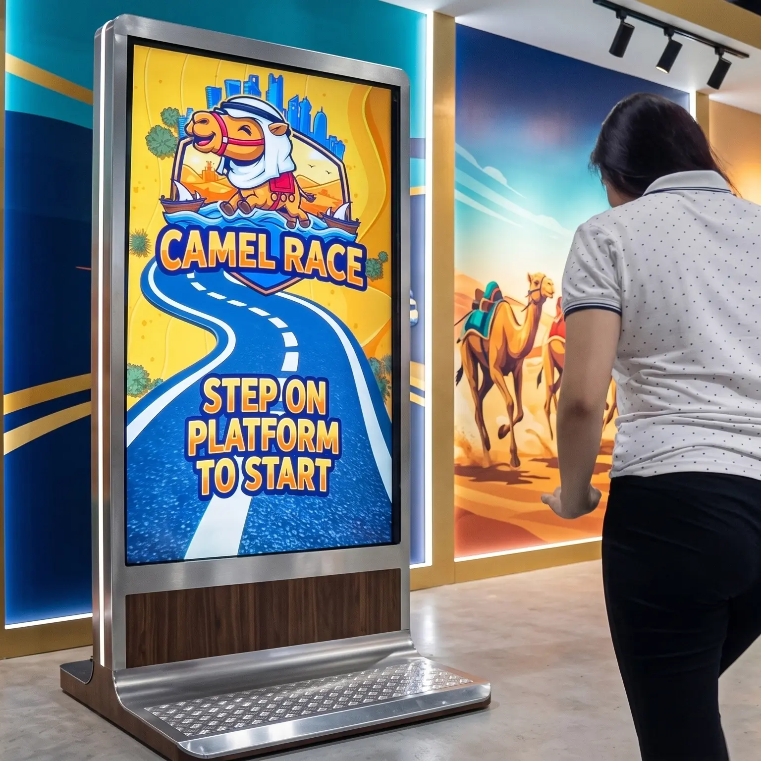 Guests playing the Interactive Camel Race in Dubai, running on custom foot pads to make digital camels sprint across a massive LED screen at a live event.